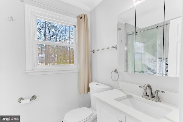 bathroom featuring toilet, vanity, and ornamental molding