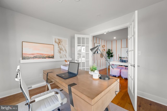 office space featuring french doors and wood-type flooring