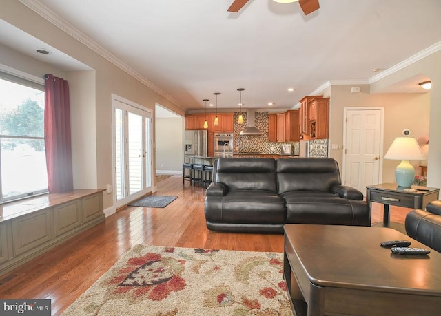 living room with light hardwood / wood-style flooring, crown molding, and a wealth of natural light