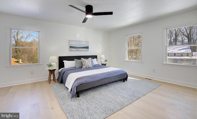 bedroom with ceiling fan and light hardwood / wood-style floors