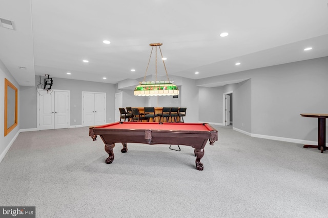 recreation room featuring indoor bar, pool table, and carpet floors