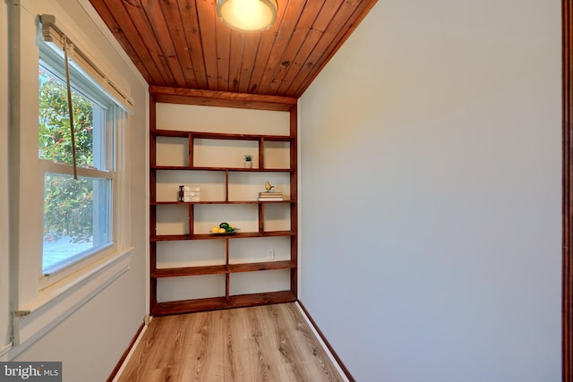 interior space featuring light hardwood / wood-style flooring and wood ceiling