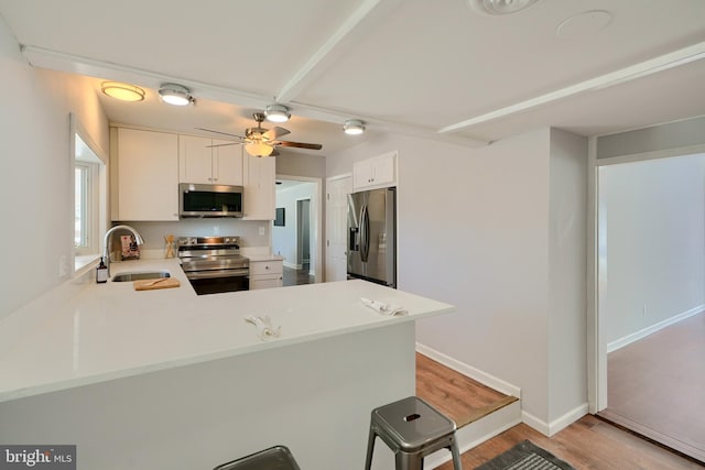 kitchen featuring sink, stainless steel appliances, white cabinets, and kitchen peninsula