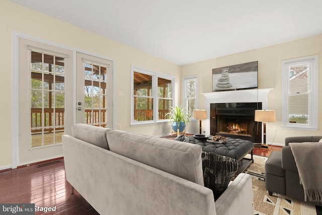 living room with dark wood-type flooring