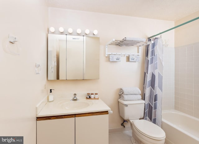 full bathroom with shower / tub combo with curtain, tile patterned floors, toilet, a textured ceiling, and vanity