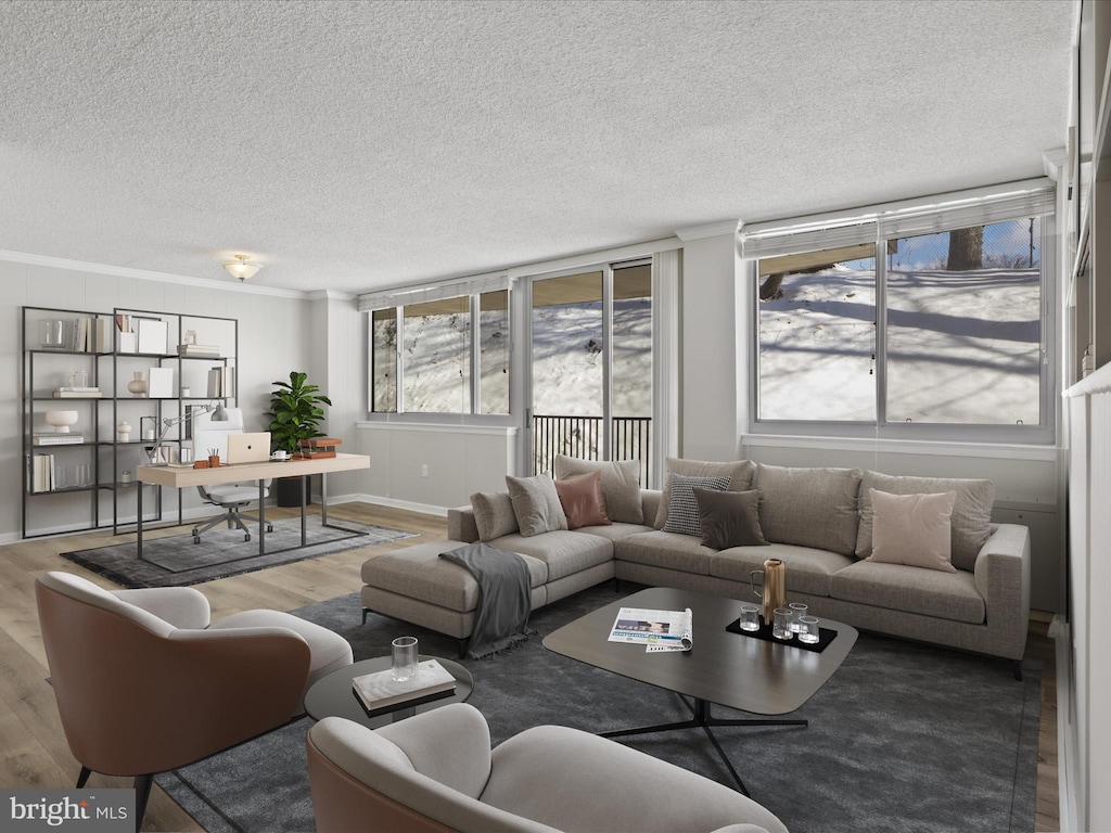 living room with wood-type flooring, a textured ceiling, and crown molding