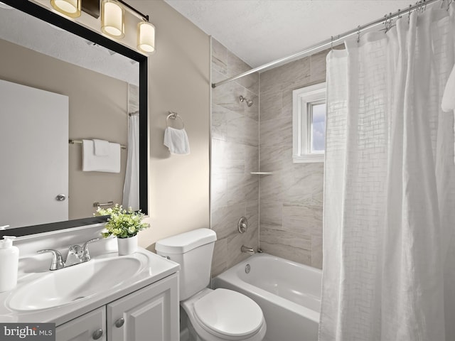 full bathroom with toilet, shower / bathtub combination with curtain, and vanity