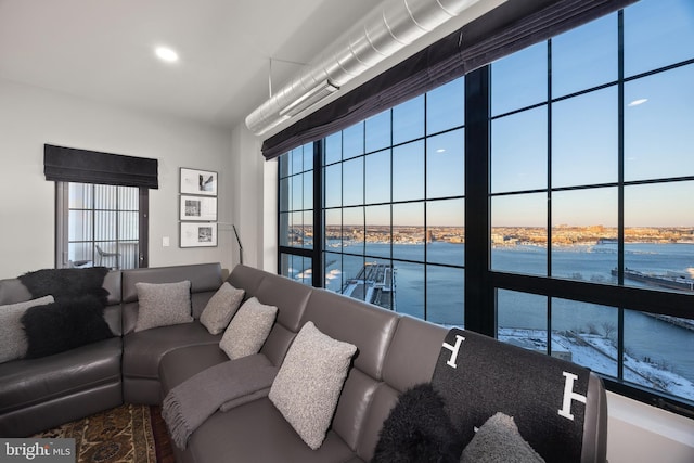 living room with a water view and a wealth of natural light