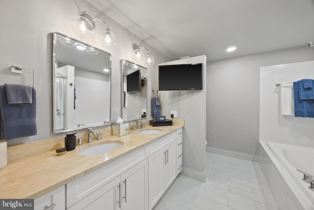 bathroom featuring tile patterned flooring, vanity, and plus walk in shower