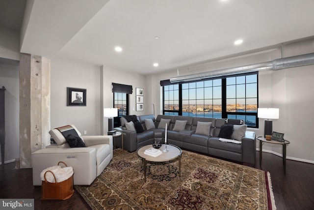 living room with a water view and dark hardwood / wood-style floors