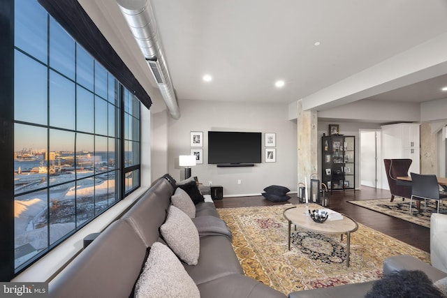 living room with dark hardwood / wood-style floors