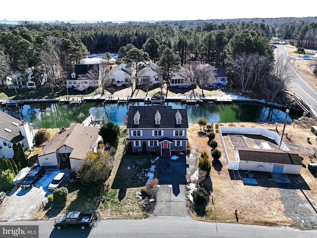 drone / aerial view featuring a water view