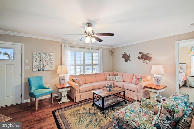 living room with ceiling fan, dark hardwood / wood-style floors, and ornamental molding