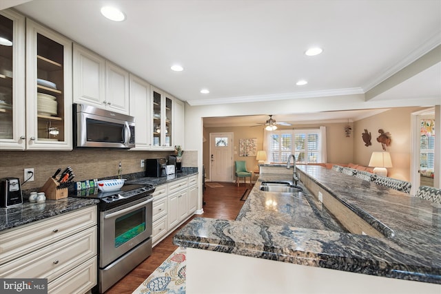 kitchen featuring sink, white cabinets, dark stone counters, dark hardwood / wood-style floors, and stainless steel appliances