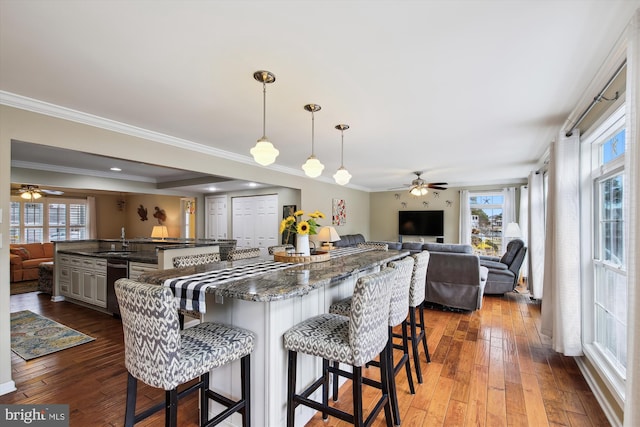 kitchen with crown molding, hardwood / wood-style flooring, a breakfast bar, and a wealth of natural light