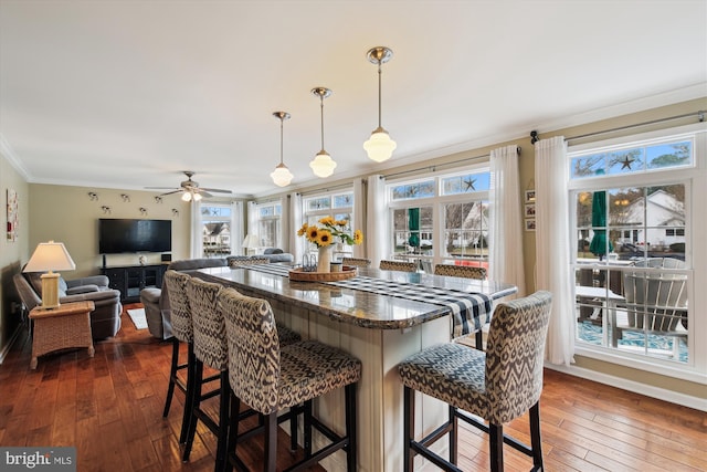 kitchen with ornamental molding, hanging light fixtures, a kitchen bar, and dark hardwood / wood-style floors