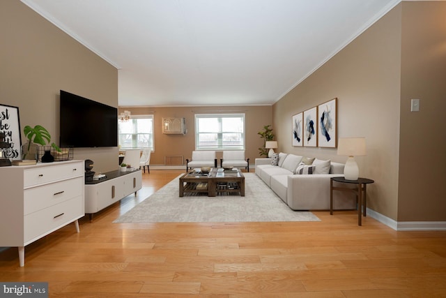 living room featuring ornamental molding and light wood-type flooring