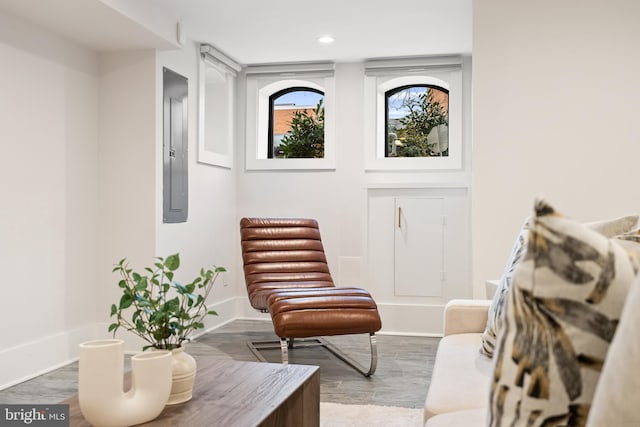 sitting room with wood-type flooring and electric panel