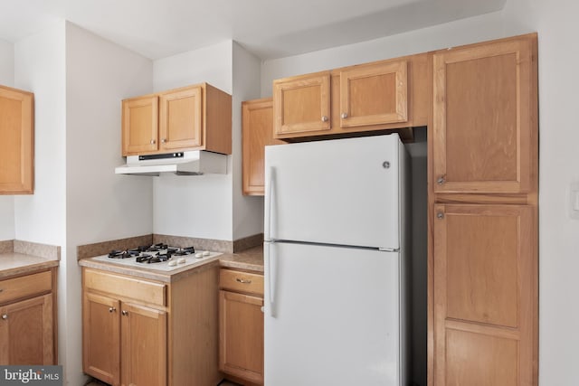 kitchen with light brown cabinetry and white appliances