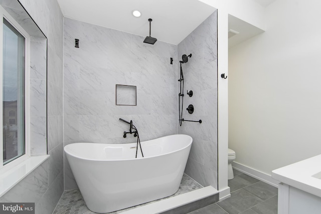 bathroom featuring separate shower and tub and toilet