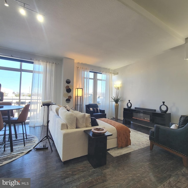 living room featuring dark wood-type flooring and a textured ceiling