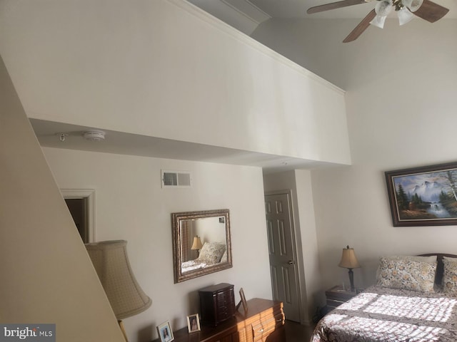 bedroom featuring high vaulted ceiling and ceiling fan