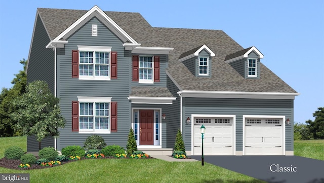 view of front of house with a garage and a front lawn