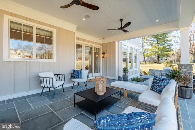 view of patio featuring ceiling fan and an outdoor hangout area