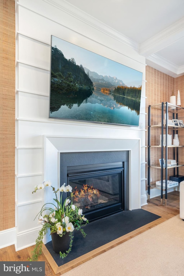 details with wood-type flooring and ornamental molding