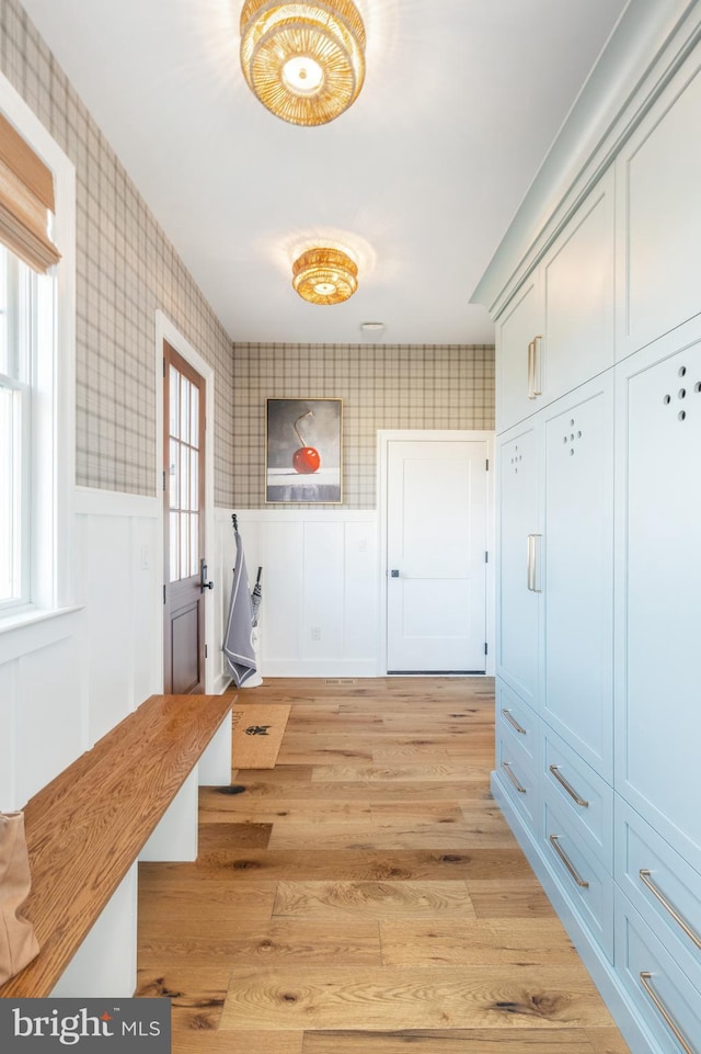 mudroom with a wealth of natural light and light hardwood / wood-style flooring