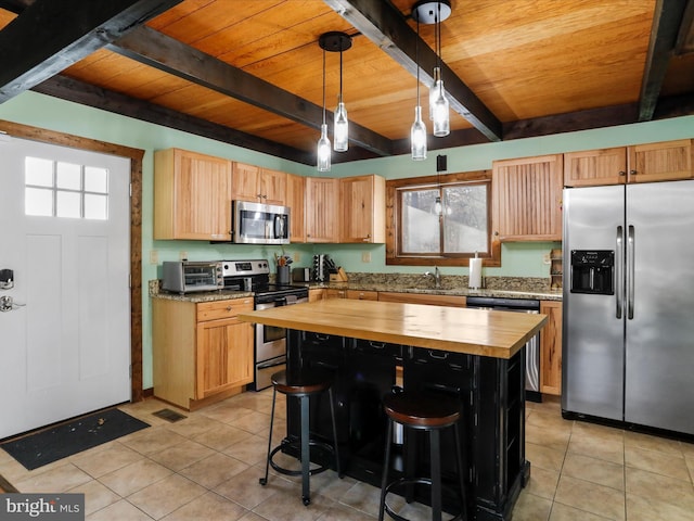 kitchen featuring wooden counters, appliances with stainless steel finishes, beam ceiling, wooden ceiling, and hanging light fixtures