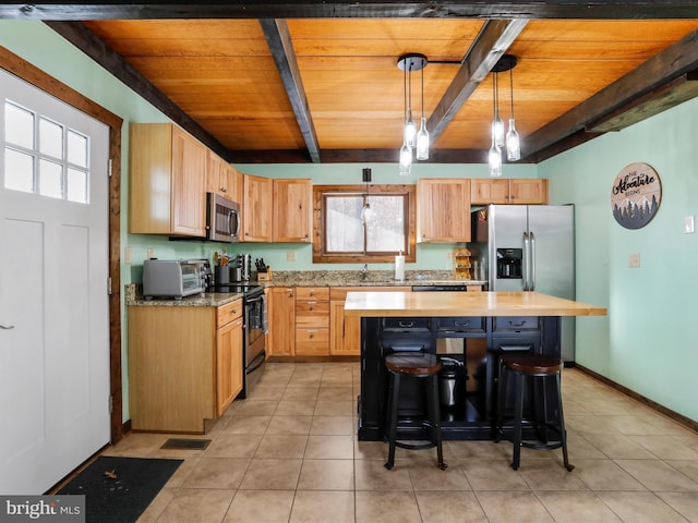 kitchen featuring decorative light fixtures, a kitchen breakfast bar, wooden ceiling, and stainless steel appliances