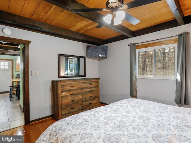 bedroom with beamed ceiling, wood-type flooring, ceiling fan, and wood ceiling