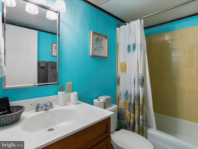 full bathroom featuring shower / tub combo, vanity, and toilet