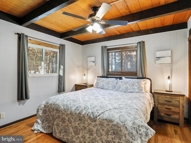 bedroom featuring beamed ceiling, hardwood / wood-style flooring, ceiling fan, and wooden ceiling