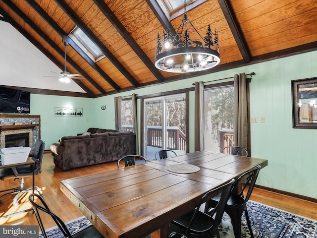 dining space featuring wood ceiling, lofted ceiling with skylight, ceiling fan, hardwood / wood-style flooring, and a stone fireplace