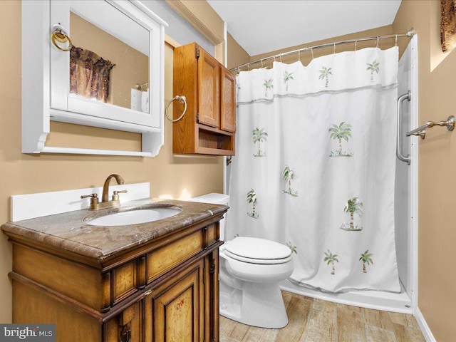 bathroom featuring toilet, vanity, and hardwood / wood-style flooring