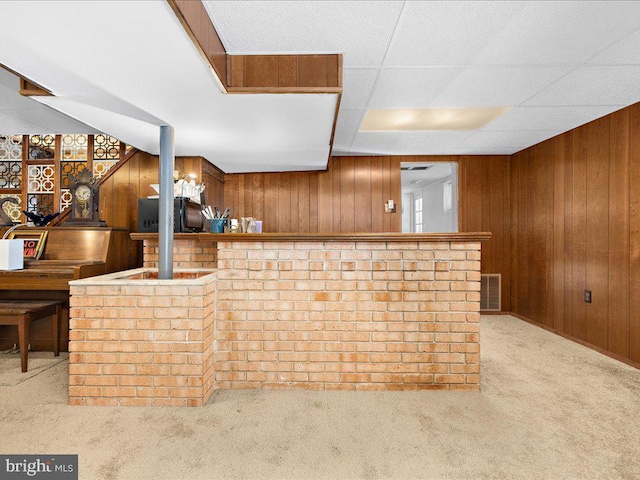 interior space featuring wood walls and light carpet