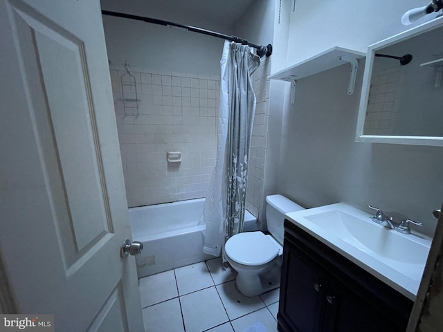 full bathroom with toilet, shower / bath combo, vanity, and tile patterned floors