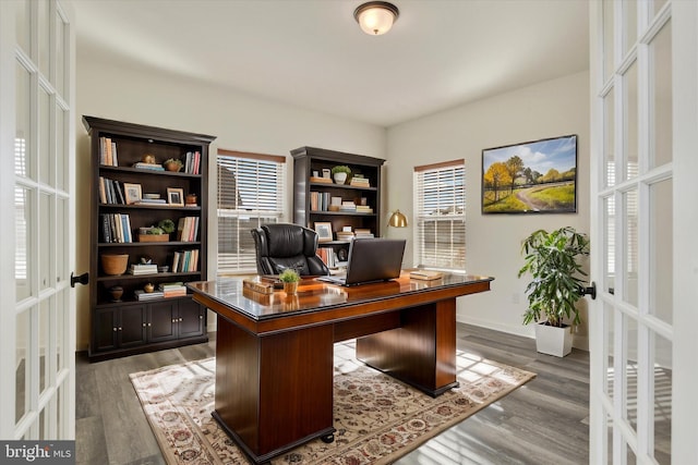 office area featuring french doors, a wealth of natural light, and hardwood / wood-style floors