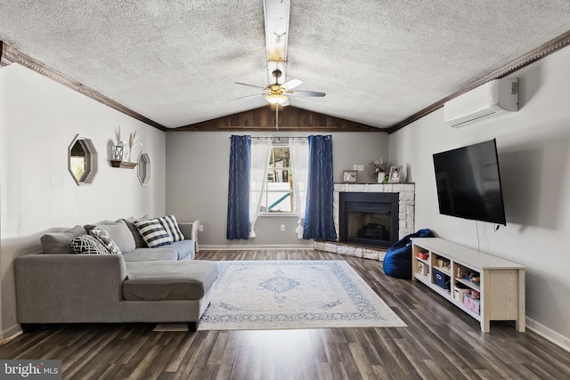 living room with ceiling fan, dark hardwood / wood-style floors, a wall mounted AC, vaulted ceiling, and a fireplace