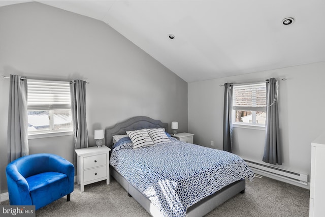 carpeted bedroom with a baseboard radiator and lofted ceiling