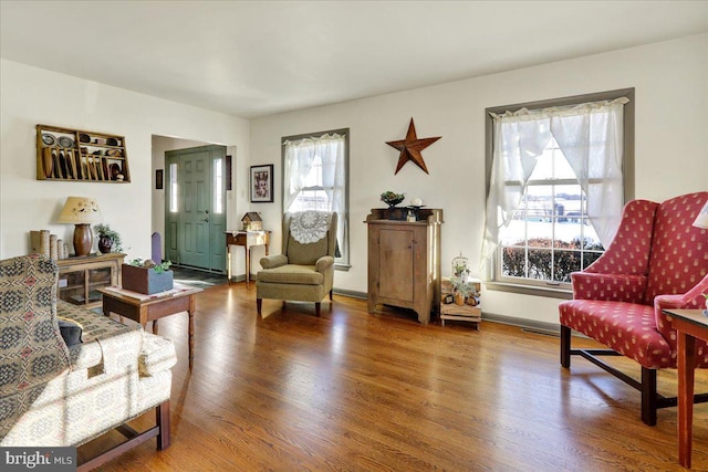 sitting room with wood-type flooring