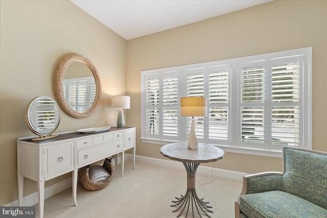 living area featuring light colored carpet