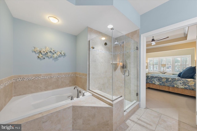 bathroom featuring independent shower and bath, tile patterned floors, and ceiling fan