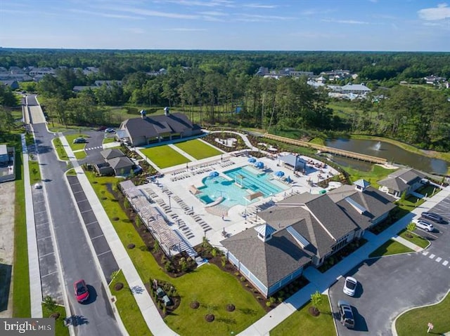 bird's eye view with a water view