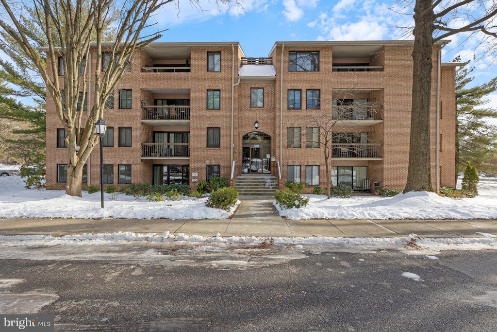 view of snow covered building