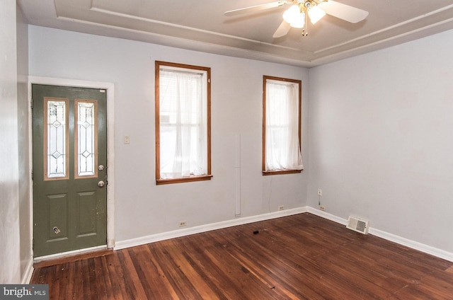 foyer featuring a tray ceiling, ceiling fan, and dark hardwood / wood-style floors