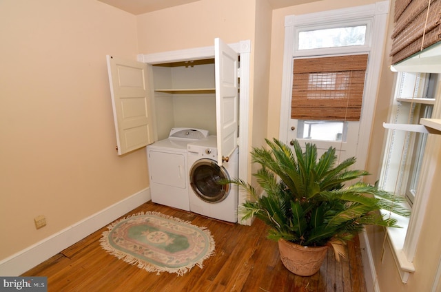 laundry room featuring separate washer and dryer and dark hardwood / wood-style flooring