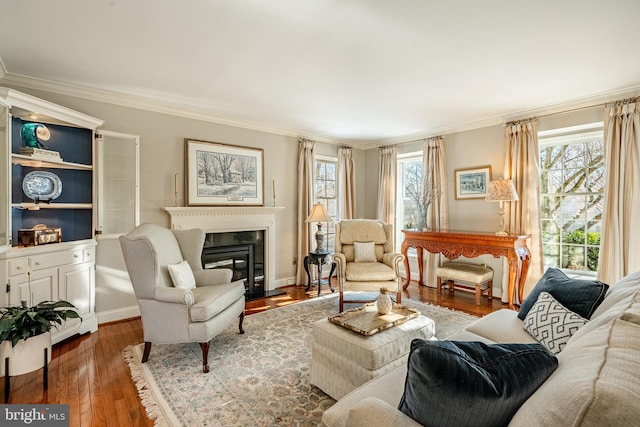 living room featuring wood-type flooring and ornamental molding